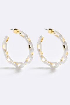 Zip Me Up Hoops White Glo by Emma Pills - silver plated hoop earrings with zip link design and white enamel, perfect for bold styling.