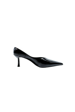 Monty Black Patent Mule with a sleek black patent leather upper and a low block heel.