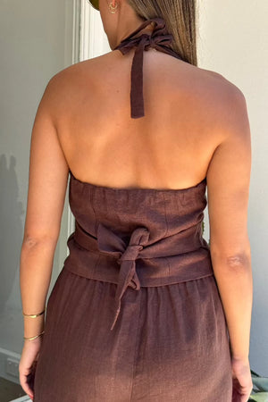 Luna Linen Vest Chocolate by Sneaky Link – Chic and breathable 100% linen halterneck vest with adjustable tie back, perfect for trendy summer sets or casual denim.