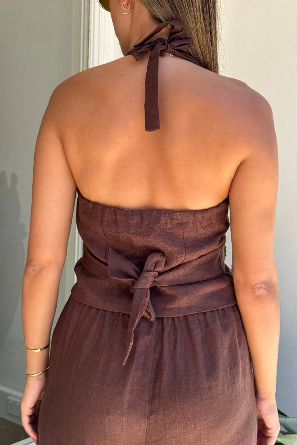 Luna Linen Vest Chocolate by Sneaky Link – Chic and breathable 100% linen halterneck vest with adjustable tie back, perfect for trendy summer sets or casual denim.