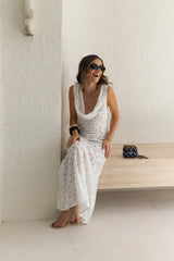 Jaz Hand Lace Maxi Dress White by Sneaky Link – a lace maxi with cowl neckline and soft drape. Perfect for elegant occasions.