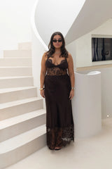 Jaz Hand Lace Maxi Dress Chocolate by Sneaky Link – a silk-blend maxi with lace panels and fluid drape. Perfect for evening events.
