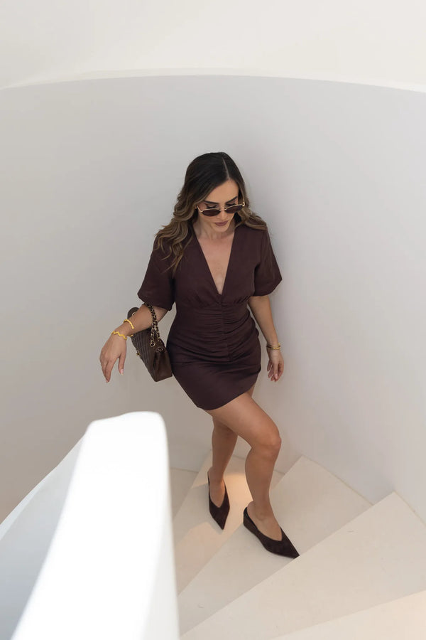 Jaz Hand Linen Ruched Mini Dress Chocolate