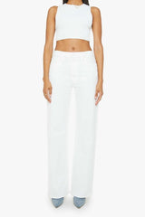 The Dodger Sneak Totally Innocent by MOTHER, trendy low-rise jeans with a slouchy, loose straight-leg fit and subtle whiskering. Perfect for casual days, offering comfort and style in a light-blue wash.