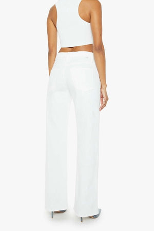 The Dodger Sneak Totally Innocent by MOTHER, trendy low-rise jeans with a slouchy, loose straight-leg fit and subtle whiskering. Perfect for casual days, offering comfort and style in a light-blue wash.