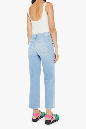 The Rambler Zip Ankle Look Ma, No Hands! by MOTHER, trendy high-waisted jeans with a wide leg and ankle cut. Perfect for a relaxed, stylish look with light-blue whiskering and fading.