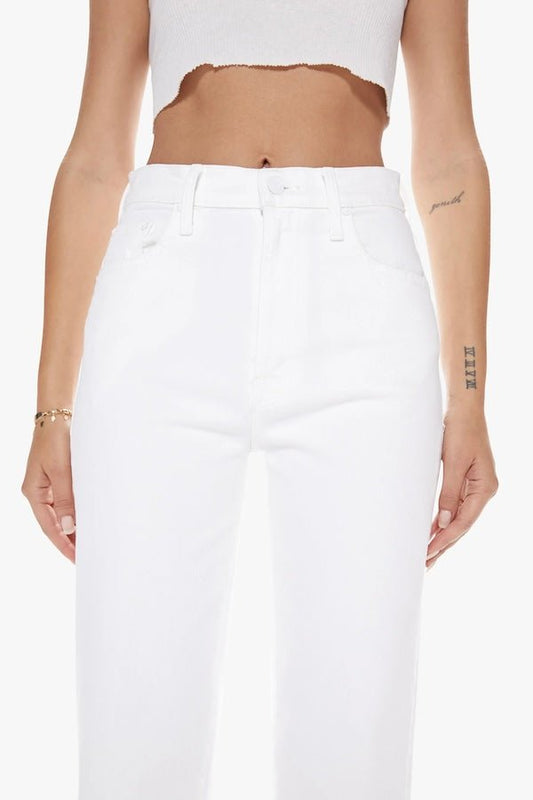 The Rambler Zip Ankle Fairest Of Them All by MOTHER, trendy high-waisted jeans with a wide, straight leg and ankle-length cut. Perfect for a relaxed yet refined look in a crisp white wash, crafted from soft stretch denim for all-day comfort.