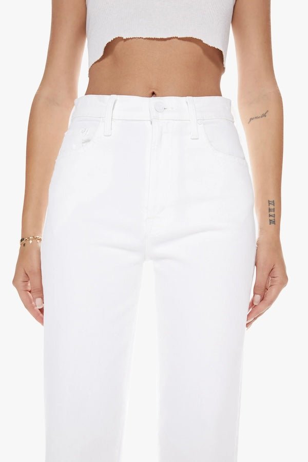 The Rambler Zip Ankle Fairest Of Them All by MOTHER, trendy high-waisted jeans with a wide, straight leg and ankle-length cut. Perfect for a relaxed yet refined look in a crisp white wash, crafted from soft stretch denim for all-day comfort.