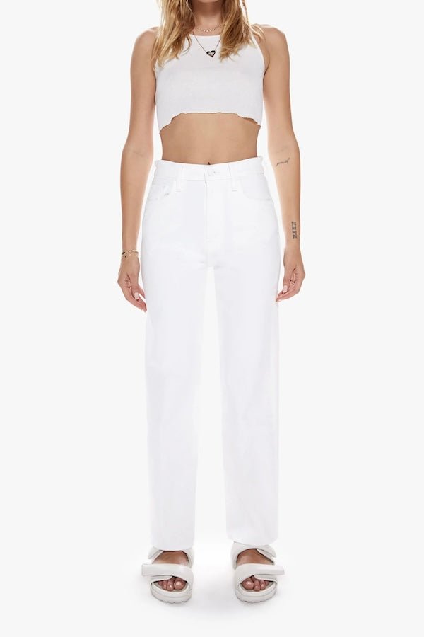 The Rambler Zip Ankle Fairest Of Them All by MOTHER, trendy high-waisted jeans with a wide, straight leg and ankle-length cut. Perfect for a relaxed yet refined look in a crisp white wash, crafted from soft stretch denim for all-day comfort.
