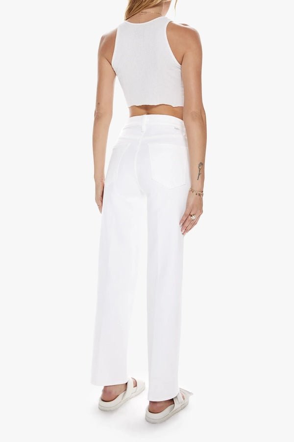 The Rambler Zip Ankle Fairest Of Them All by MOTHER, trendy high-waisted jeans with a wide, straight leg and ankle-length cut. Perfect for a relaxed yet refined look in a crisp white wash, crafted from soft stretch denim for all-day comfort.