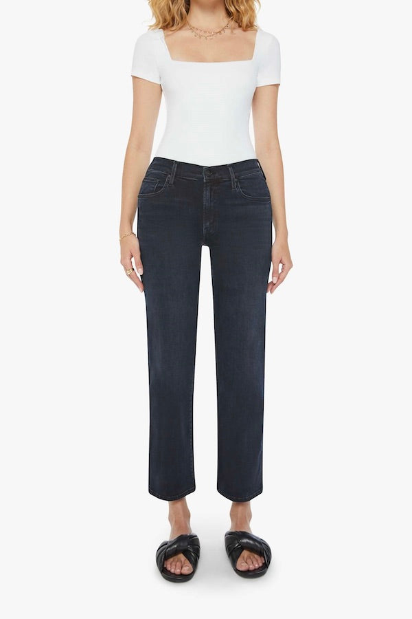 The Mid Rise Zip Rambler Ankle Night in Venice by Mother Denim, mid-rise wide straight leg jeans with zip fly, dark stretch denim, perfect for sleek casual looks.