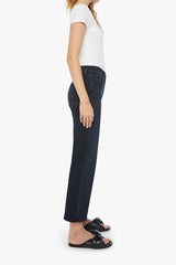 The Mid Rise Zip Rambler Ankle Night in Venice by Mother Denim, mid-rise wide straight leg jeans with zip fly, dark stretch denim, perfect for sleek casual looks.