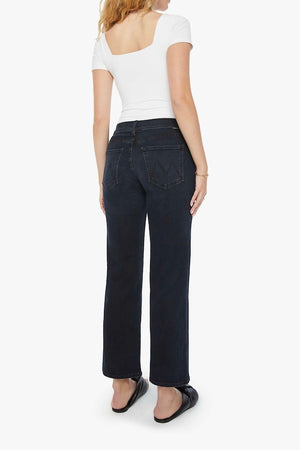 The Mid Rise Zip Rambler Ankle Night in Venice by Mother Denim, mid-rise wide straight leg jeans with zip fly, dark stretch denim, perfect for sleek casual looks.