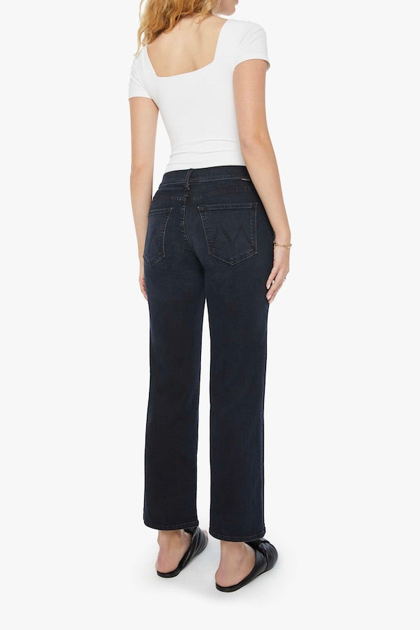 The Mid Rise Zip Rambler Ankle Night in Venice by Mother Denim, mid-rise wide straight leg jeans with zip fly, dark stretch denim, perfect for sleek casual looks.