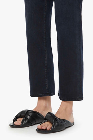 The Mid Rise Zip Rambler Ankle Night in Venice by Mother Denim, mid-rise wide straight leg jeans with zip fly, dark stretch denim, perfect for sleek casual looks.