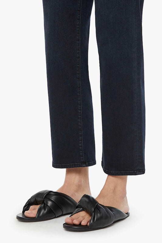 The Mid Rise Zip Rambler Ankle Night in Venice by Mother Denim, mid-rise wide straight leg jeans with zip fly, dark stretch denim, perfect for sleek casual looks.