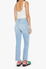 The Tripper Flood Fray Look Ma, No Hands! by MOTHER, trendy high-rise flare jeans with a button fly and frayed hem. Perfect for a stylish look with light-blue whiskering and fading.