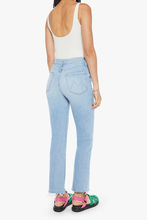 The Tripper Flood Fray Look Ma, No Hands! by MOTHER, trendy high-rise flare jeans with a button fly and frayed hem. Perfect for a stylish look with light-blue whiskering and fading.