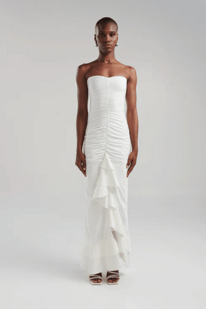 Carelia Dress Off White by Maygel Coronel — Strapless maxi with cascading ruffles. Made in Colombia. One size fits most.