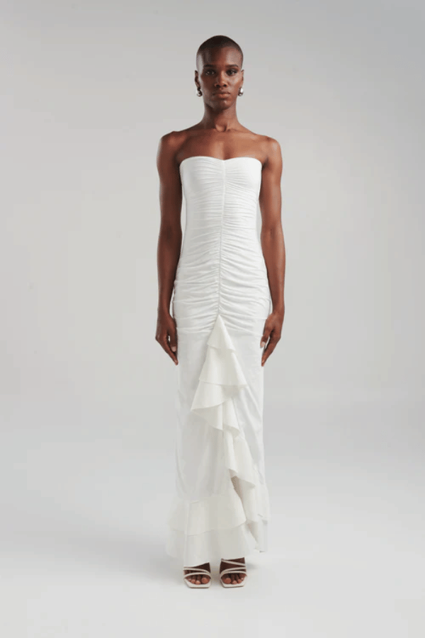 Carelia Dress Off White by Maygel Coronel — Strapless maxi with cascading ruffles. Made in Colombia. One size fits most.