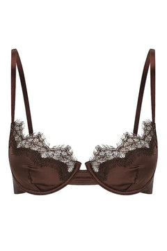 Sorrento Underwire in Espresso by Kat the Label, supportive satin underwire bra with eyelash lace detailing, perfect for offering comfort and timeless elegance.