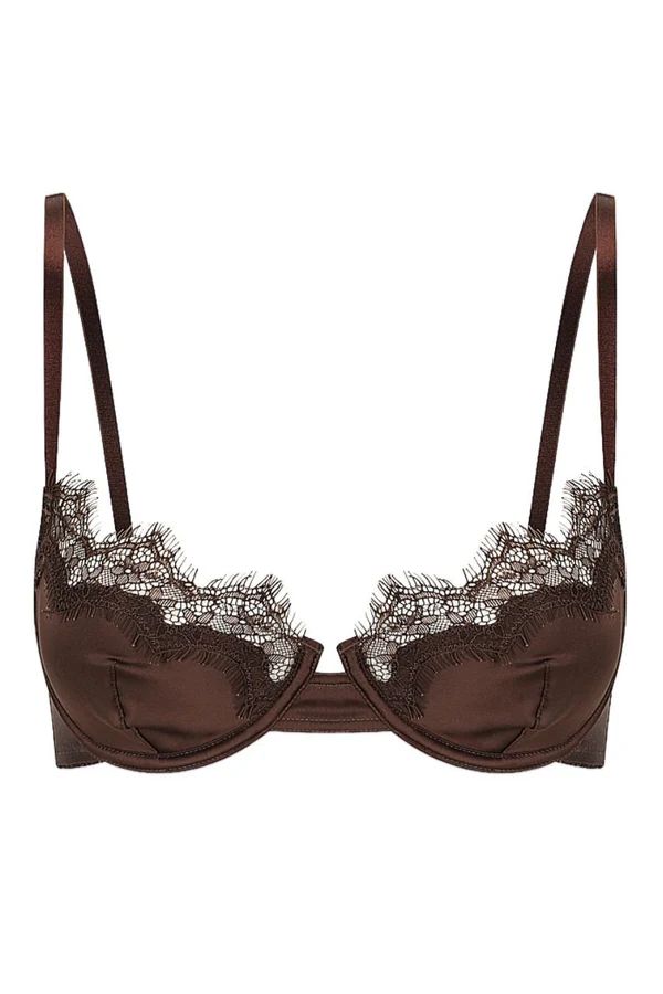 Sorrento Underwire in Espresso by Kat the Label, supportive satin underwire bra with eyelash lace detailing, perfect for offering comfort and timeless elegance.