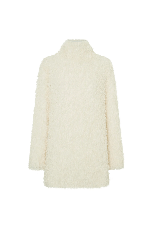 Frieze Mini Dress Cream by Camilla and Marc – Trendy mini with mock neck, removable scarf, and flared extra-long sleeves; perfect for chic day-to-night style.