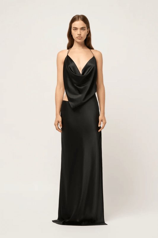 Iced Bias Maxi Dress Black by Michael Lo Sordo – Draped silk maxi with asymmetrical straps, open back, and side split skirt.