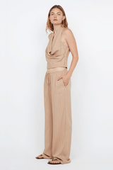 Almeria Pant Camel Stripe by Bec + Bridge, relaxed wide-leg with drawstring waist, breathable soft blend, perfect for casual or dressy days.