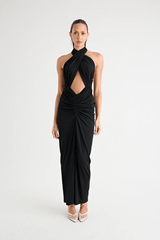 Victoria Maxi Dress Black by Pfeiffer – A sleek, versatile maxi with adjustable halter, removable shrug, and ruching, perfect for elegant, adaptable style.