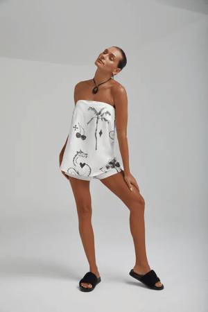 Strapless Shirt Top Black Dragon Of Hearts by Summi Summi, lightweight linen-rayon blend with elastic back panel, perfect for trendy viral warm-weather looks and sleek casual style.