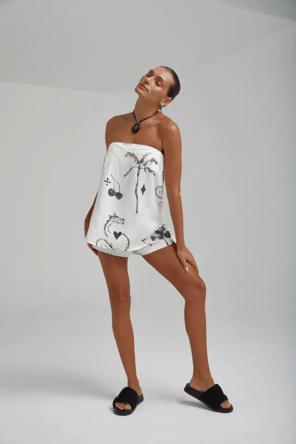 Strapless Shirt Top Black Dragon Of Hearts by Summi Summi, lightweight linen-rayon blend with elastic back panel, perfect for trendy viral warm-weather looks and sleek casual style.