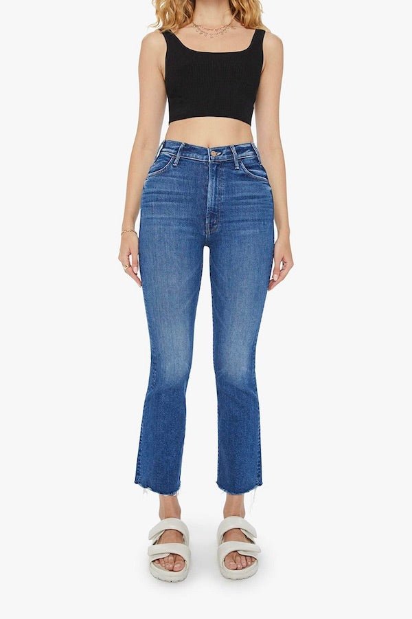 The Hustler Ankle Fray Grasping At Straws by Mother, high-rise ankle flare jeans in medium blue with raw hem, stretchy fit, perfect for everyday cool style.