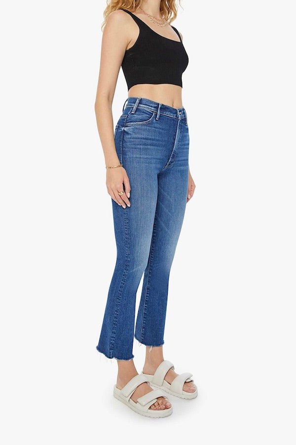 The Hustler Ankle Fray Grasping At Straws by Mother, high-rise ankle flare jeans in medium blue with raw hem, stretchy fit, perfect for everyday cool style.