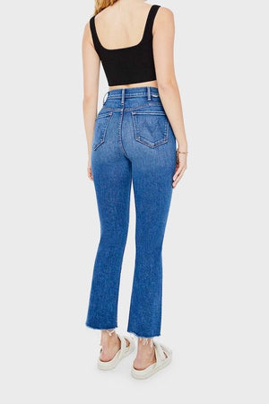 The Hustler Ankle Fray Grasping At Straws by Mother, high-rise ankle flare jeans in medium blue with raw hem, stretchy fit, perfect for everyday cool style.
