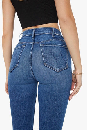 The Hustler Ankle Fray Grasping At Straws by Mother, high-rise ankle flare jeans in medium blue with raw hem, stretchy fit, perfect for everyday cool style.