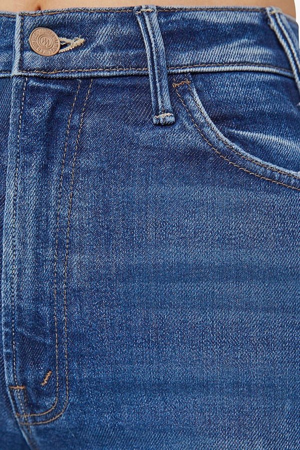 The Hustler Ankle Fray Grasping At Straws by Mother, high-rise ankle flare jeans in medium blue with raw hem, stretchy fit, perfect for everyday cool style.