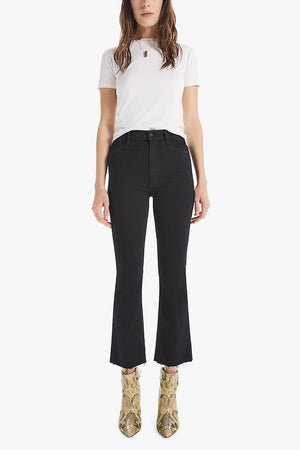 The Hustler Ankle Fray Jeans Not Guilty by MOTHER, vintage-inspired high-rise cropped bootcut in classic black denim, perfect for trendy casual looks.