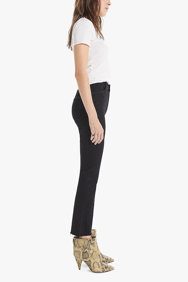 The Hustler Ankle Fray Jeans Not Guilty by MOTHER, vintage-inspired high-rise cropped bootcut in classic black denim, perfect for trendy casual looks.