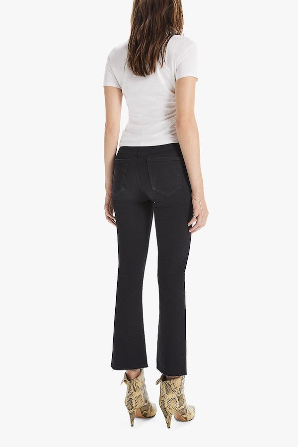 The Hustler Ankle Fray Jeans Not Guilty by MOTHER, vintage-inspired high-rise cropped bootcut in classic black denim, perfect for trendy casual looks.