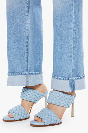 The Dodger Button Hover Cuff Funk N'Flair by MOTHER, trendy low-rise jeans with a slouchy fit, loose straight leg, and vintage-inspired details. Perfect for a relaxed, worn-in look with whiskering, knee fading, and a cuffed hem.
