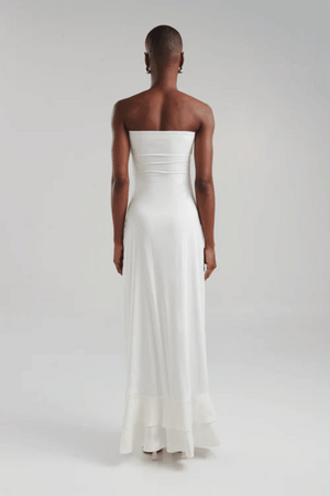 Carelia Dress Off White by Maygel Coronel — Strapless maxi with cascading ruffles. Made in Colombia. One size fits most.