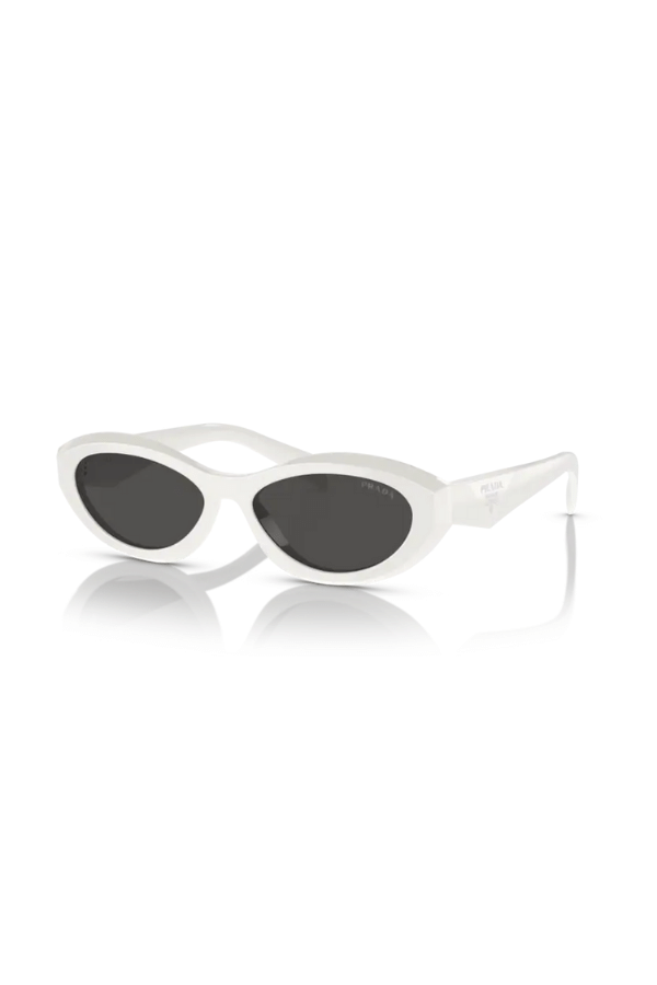 PR 26ZS Talc by Prada, stylish irregular talc acetate frames with dark grey lenses, offering strong sun protection and perfect for chic, everyday looks.