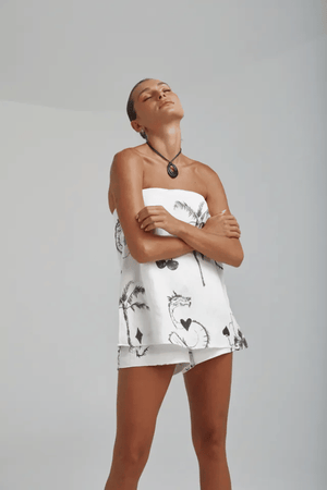 Strapless Shirt Top Black Dragon Of Hearts by Summi Summi, lightweight linen-rayon blend with elastic back panel, perfect for trendy viral warm-weather looks and sleek casual style.