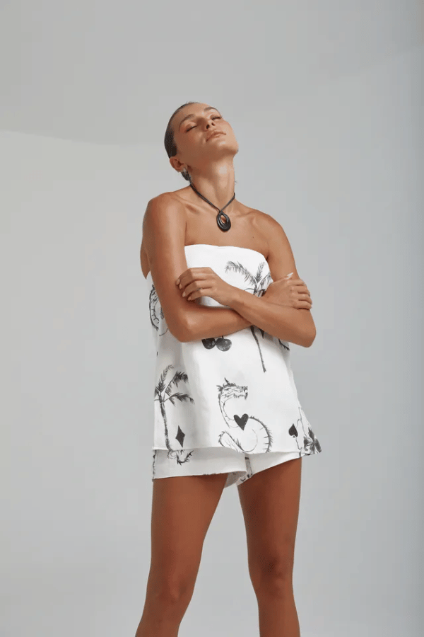 Strapless Shirt Top Black Dragon Of Hearts by Summi Summi, lightweight linen-rayon blend with elastic back panel, perfect for trendy viral warm-weather looks and sleek casual style.