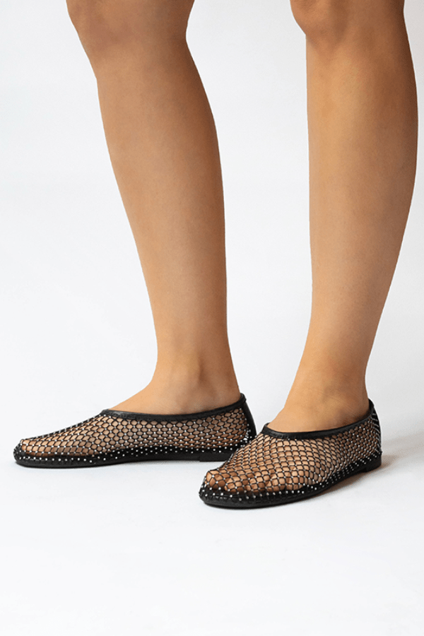 Clarissa Ebony Netting/Clear Crystal by Senso, Black mesh flats with clear crystals and elasticated fit for a chic, comfortable and versatile sparkle.