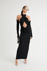 Victoria Maxi Dress Black by Pfeiffer – A sleek, versatile maxi with adjustable halter, removable shrug, and ruching, perfect for elegant, adaptable style.