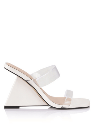 Brooke Wedge White by Lana Wilkinson – Stylish 9cm heel wedge with clear wedge and perspex front for a barely-there, cool girl look. Available in Gold and Ivory.