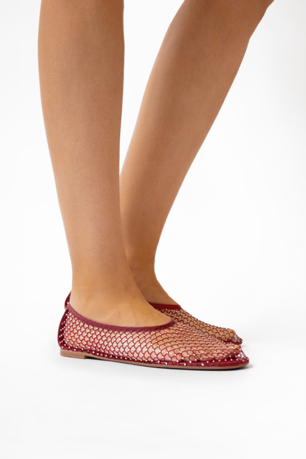 Clarissa Ballet Flat Merlot by Senso – Sheer mesh flats with crystal embellishments and rounded toe for a chic, sparkling everyday look.