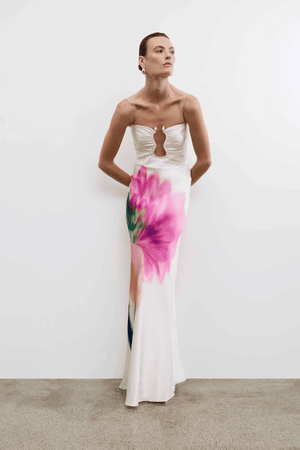 Dahlia Blossom Gown by Rebecca Vallance – Elegant silk satin gown with custom floral print, sweetheart neckline, gold bead details, perfect for standout special events.
